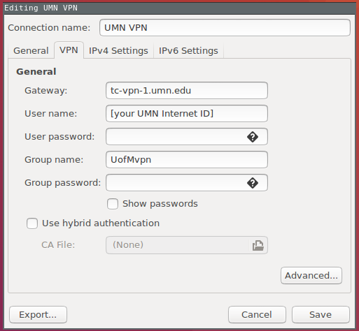 Screenshot of UofM VPN Settings