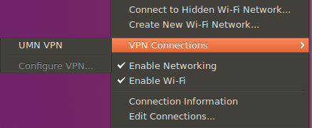 Screenshot of network connections menu showing new VPN connection